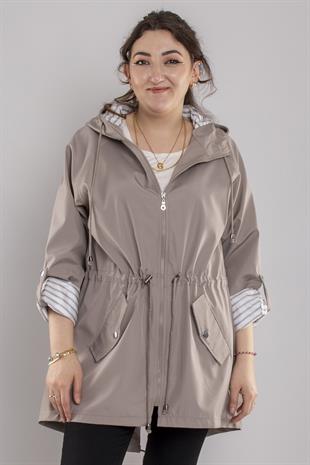 2430 Büyük Beden Astarı Çizgili Kapüşonlu Beli Bağcıklı Pamuklu Yağmurluk