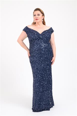 2439 Büyük Beden Çift Yaka Pulpayet Boncuklu Balık Uzun Elbise