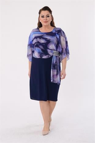 2456 Büyük Beden Şifon Desenli Krep Kısa Elbise