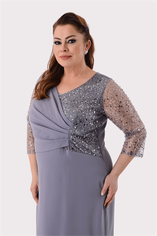 2457 Büyük Beden Pulpayet Drapeli Tül Kol Kısa Krep Elbise