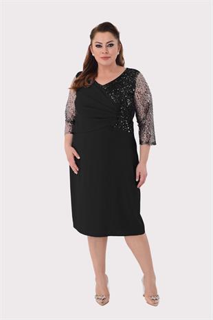 2457 Büyük Beden Pulpayet Drapeli Tül Kol Kısa Krep Elbise