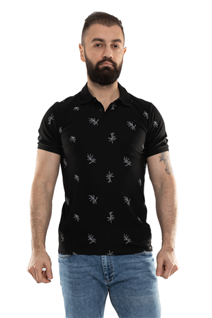 2464Y Polo Yaka Kendinden Desenli Çizgili Dal Desen Tshirt