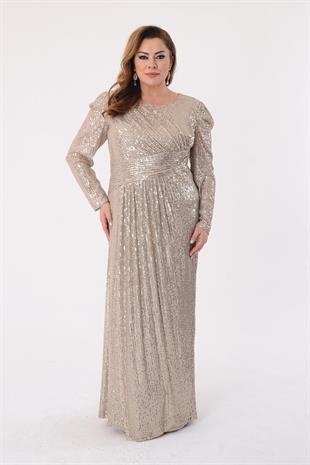 2472 Büyük Beden Tesettür Pulpayet Uzun Kol Elbise