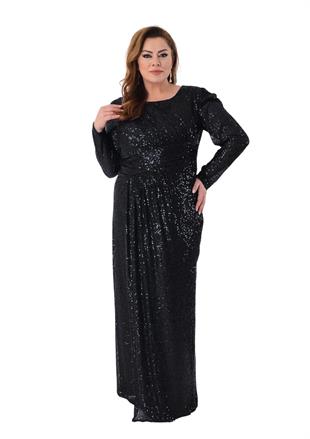 2472 Büyük Beden Tesettür Pulpayet Uzun Kol Elbise