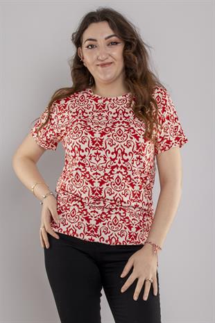 24E027 Bisiklet Yaka Etnik Desen Viscon Kısa Kol Bluz