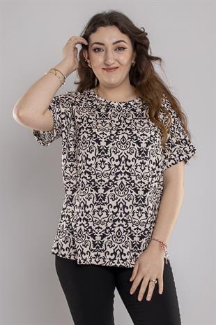24E027 Bisiklet Yaka Etnik Desen Viscon Kısa Kol Bluz