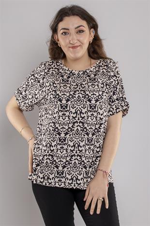 24E027 Bisiklet Yaka Etnik Desen Viscon Kısa Kol Bluz