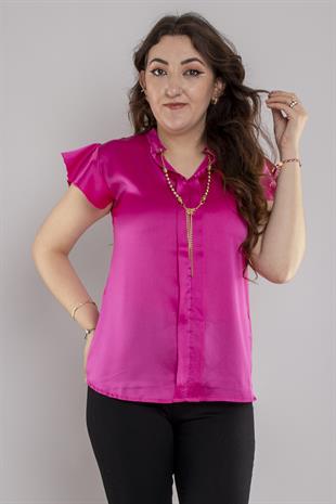 24E053 Yakasız Zincir Kolyeli Saten Fırfırlı Kısa Kol Bluz