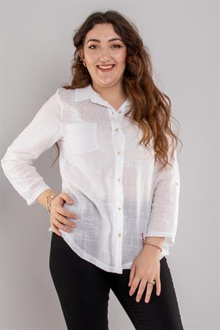 24E054 Omuz Serpme Taş Cepli Pamuklu Gömlek