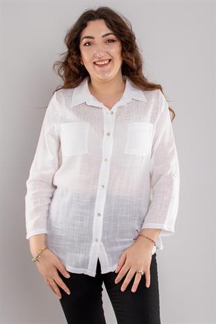 24E054 Omuz Serpme Taş Cepli Pamuklu Gömlek