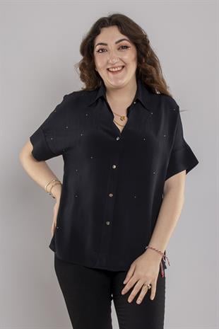 24E065 Düğmeli Düşük Kol Taşlı Viscon Gömlek