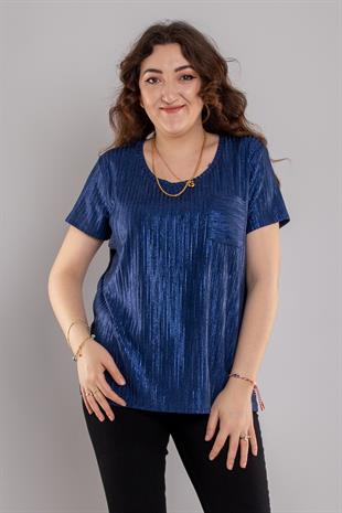 24E080 Bisiklet Yaka Cepli Jakarlı Kısa Kol Bluz