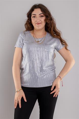 24E080 Bisiklet Yaka Cepli Jakarlı Kısa Kol Bluz