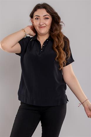 24E082 Polo Yaka Düğmeli Kısa Kol Viscon Bluz
