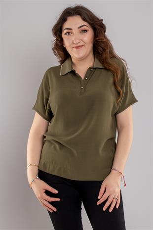 24E082 Polo Yaka Düğmeli Kısa Kol Viscon Bluz