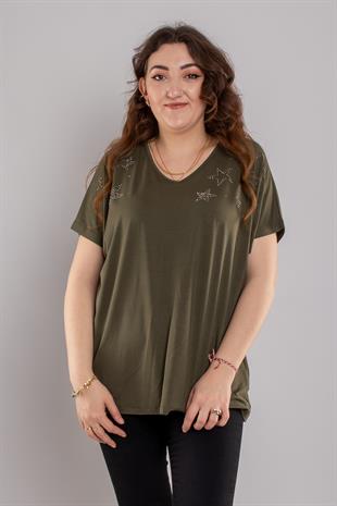 24E105 Yıldız Taş Baskılı Kısa Kol Viscon Bluz