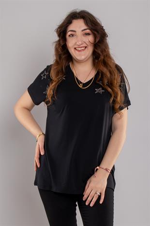 24E105 Yıldız Taş Baskılı Kısa Kol Viscon Bluz