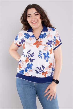 24E107 Polo Yaka Desenli Şifon Kısa Kol Bluz