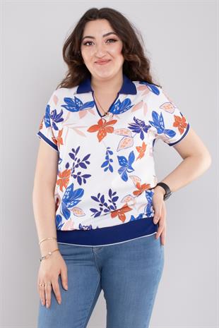 24E107 Polo Yaka Desenli Şifon Kısa Kol Bluz