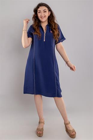 24E108 Polo Yaka Fermuarlı Viscon Kısa Kol Elbise