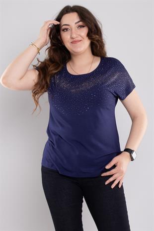 24E116 Serpme Taşlı Bisiklet Yaka Kısa Kol Bluz