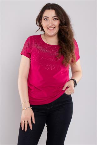 24E116 Serpme Taşlı Bisiklet Yaka Kısa Kol Bluz