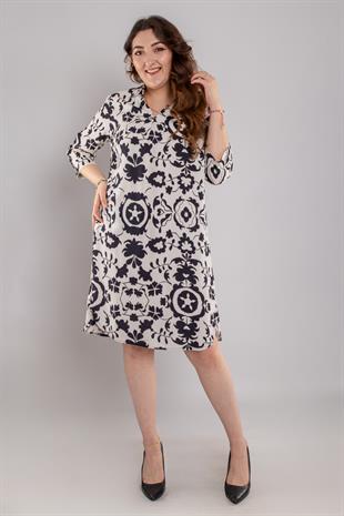 24E117 Büyük Beden Polo Yaka Karışık Desenli Viscon Gömlek Elbise