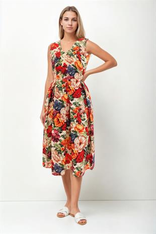 25-508 Sıfır Kol Piliseli Kuşaklı Ön Arka Vyaka Desenli Kısa Elbise