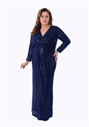 2507 Büyük Beden Önü Geçmeli Vyaka Pulpayet Uzun Elbise