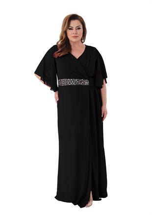 2508 Büyük Beden Mendil Kol Kruvaze Yaka Beli Taş İşleme Uzun Şifon Elbise