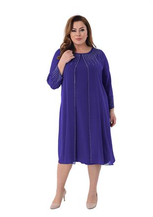 2522 Büyük Beden Suyolu Şerit Taş Şifon Kısa Elbise