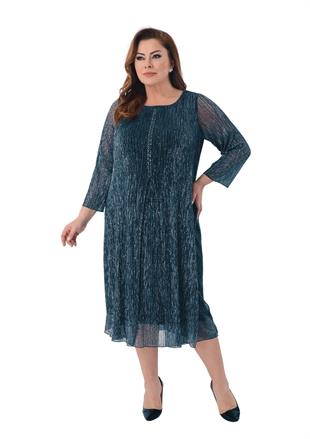 2525 Büyük Beden Jakarlı Pliseli Taş Detay Midiboy Elbise