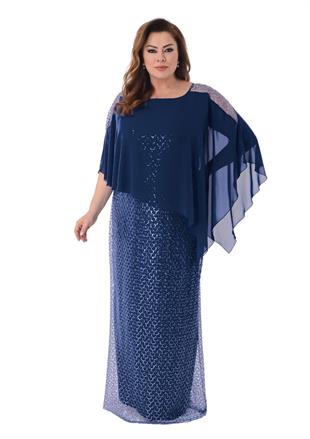 2533 Büyük Beden Yarasa Kol Pelerin Detay Pulpayet Uzun Elbise