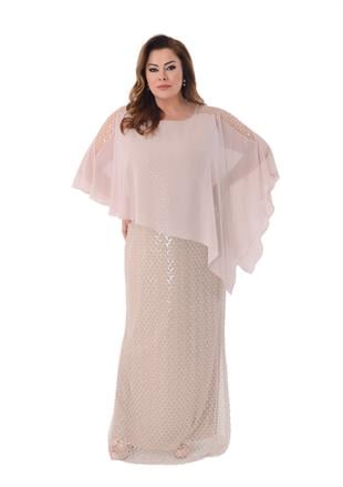 2533 Büyük Beden Yarasa Kol Pelerin Detay Pulpayet Uzun Elbise