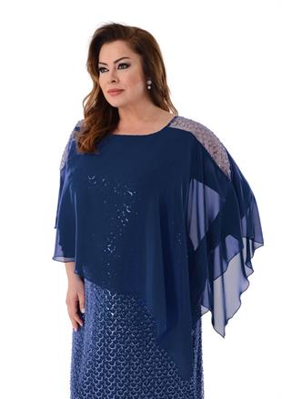 2533 Büyük Beden Yarasa Kol Pelerin Detay Pulpayet Uzun Elbise