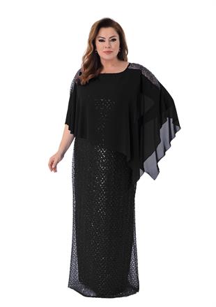 2533 Büyük Beden Yarasa Kol Pelerin Detay Pulpayet Uzun Elbise