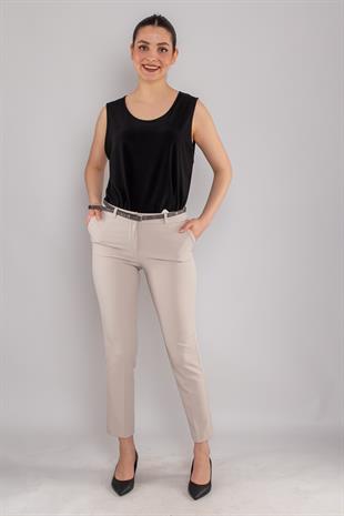 2603 Kemerli Pamulu Cepli Krep Pantolon