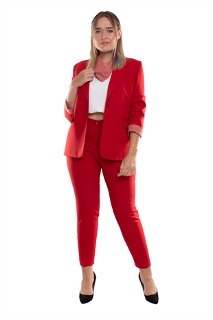 2869 Büyük Beden Fularlı Pantolon Ceket Kadın Takım