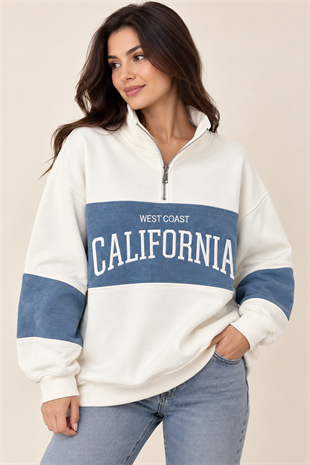2905 Yaka Fermuarlı Kot Detay California İçi Şardonlu Sweatshirt