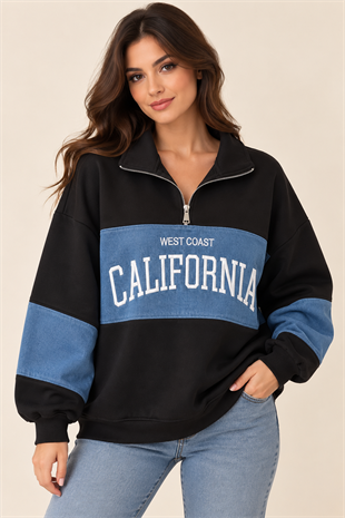 2905 Yaka Fermuarlı Kot Detay California İçi Şardonlu Sweatshirt