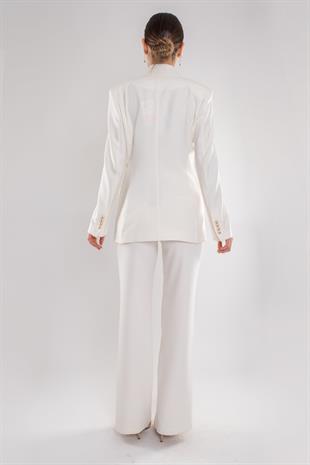 2927 Gold Düğme Ceketli Palazzo Pantolon Krep İkili Takım