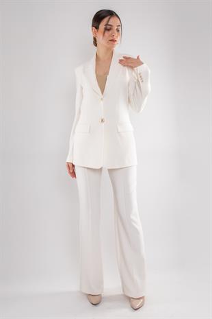 2927 Gold Düğme Ceketli Palazzo Pantolon Krep İkili Takım