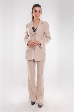 2927 Gold Düğme Ceketli Palazzo Pantolon Krep İkili Takım
