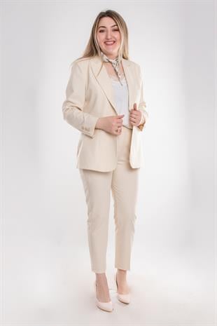 2930 Büyük Beden Tek Düğme Fularlı Pantolonlu İkili Krep Takım