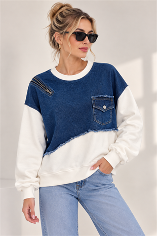 2936 Bisiklet Yaka Kot ve Fermuar Detaylı Şardonlu Sweat