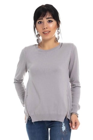 296 Bisiklet Yaka Yanları Fermuarlı Kadın Triko