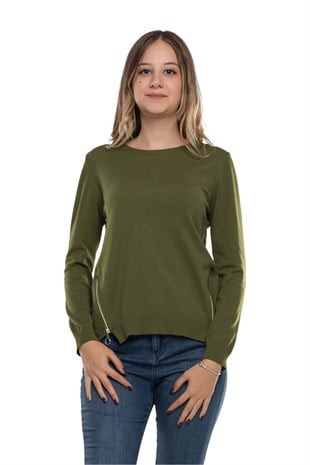 296 Bisiklet Yaka Yanları Fermuarlı Kadın Triko