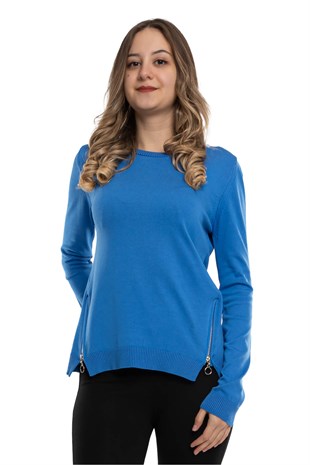 296 Bisiklet Yaka Yanları Fermuarlı Kadın Triko