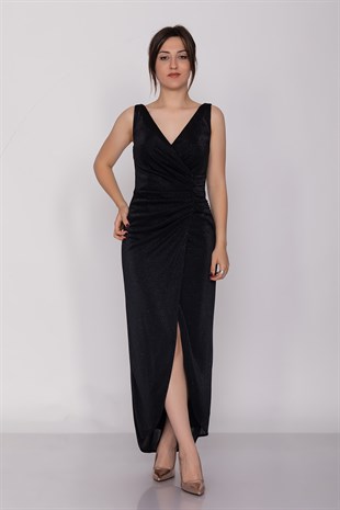 3032 Kruvaze Yaka Beli Drapeli Eteği Asimetrik Sim Abiye