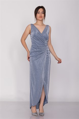 3032 Kruvaze Yaka Beli Drapeli Eteği Asimetrik Sim Abiye